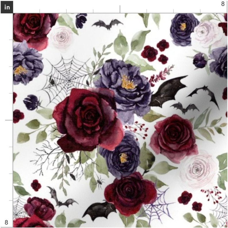 Halloween Floral Fabric by the Yard. Spooky, Botanical, Spider Webs, Spiders, Bats, Flower Fabric, Fall. Quilt Cotton, Minky, Knit, Jersey image 2