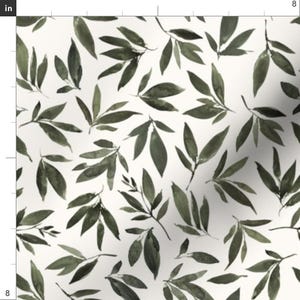 May include: A repeating pattern of watercolor olive green leaves on a white background. The leaves vary in size and are arranged in a scattered, organic design. The leaves have a soft, painterly quality.