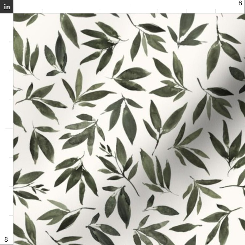 May include: A repeating pattern of watercolor olive green leaves on a white background. The leaves vary in size and are arranged in a scattered, organic design. The leaves have a soft, painterly quality.