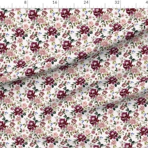 Burgundy and Blush Floral Fabric by the Yard. Watercolor Flowers, Pink ...