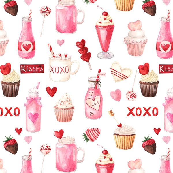 Cute Valentine's Day Fabric by the Yard - Valentine Sweets and Treats, XOXO, Cupcakes - Quilting Cotton, Sateen, Poplin, Home Decor Fabric