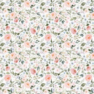 May include: A repeating pattern on a white background featuring watercolor illustrations of soft pink peonies, small light blue flowers, and various green leaves and stems arranged in a dense, botanical floral composition.