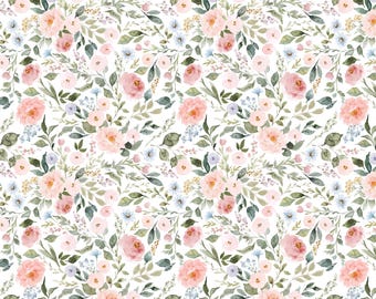 Tela floral estilo cabaña delicada, cortada a medida. Algodón para acolchado, minky, polar, decoración del hogar. Habitación infantil para niña, flores de jardín.