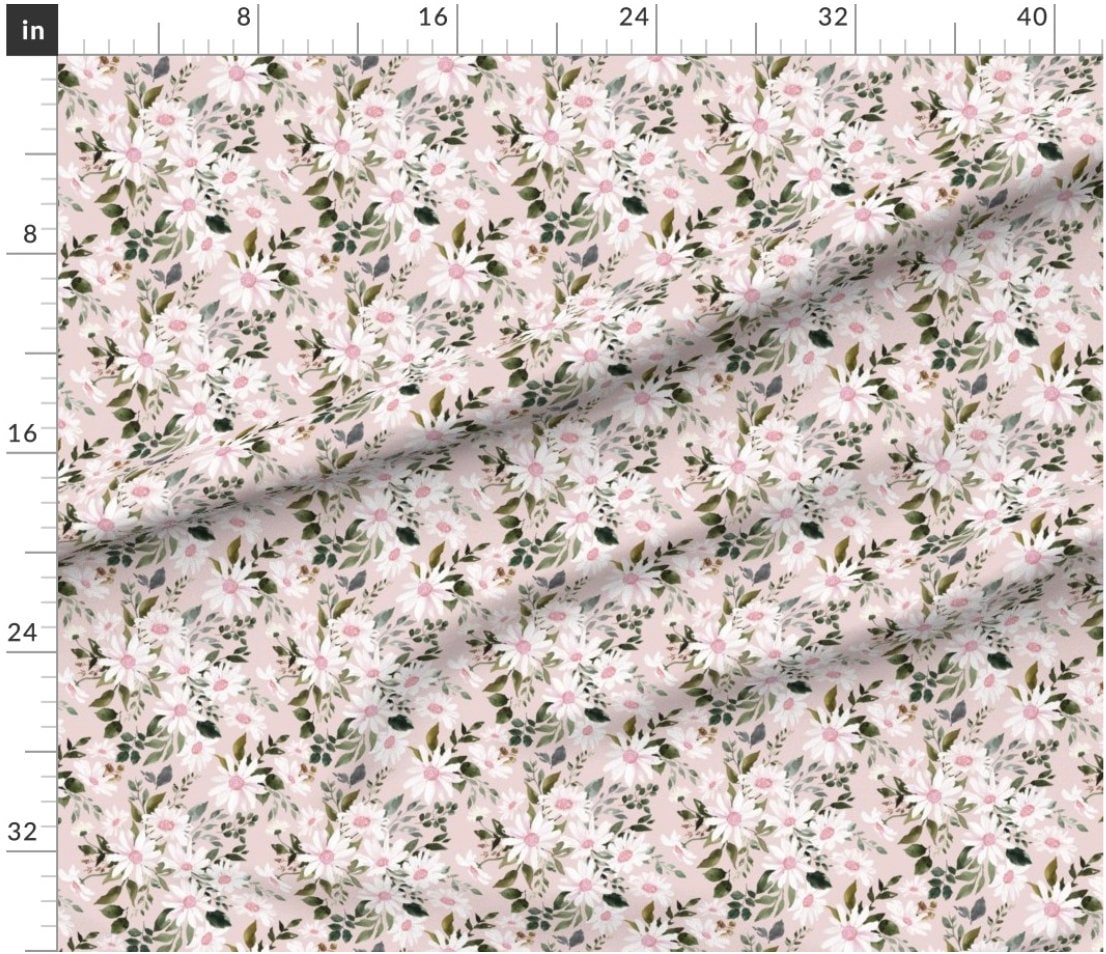 Pink Daisy Fabric - Watercolor Floral Daisies, Blush Flowers, Botanical ...