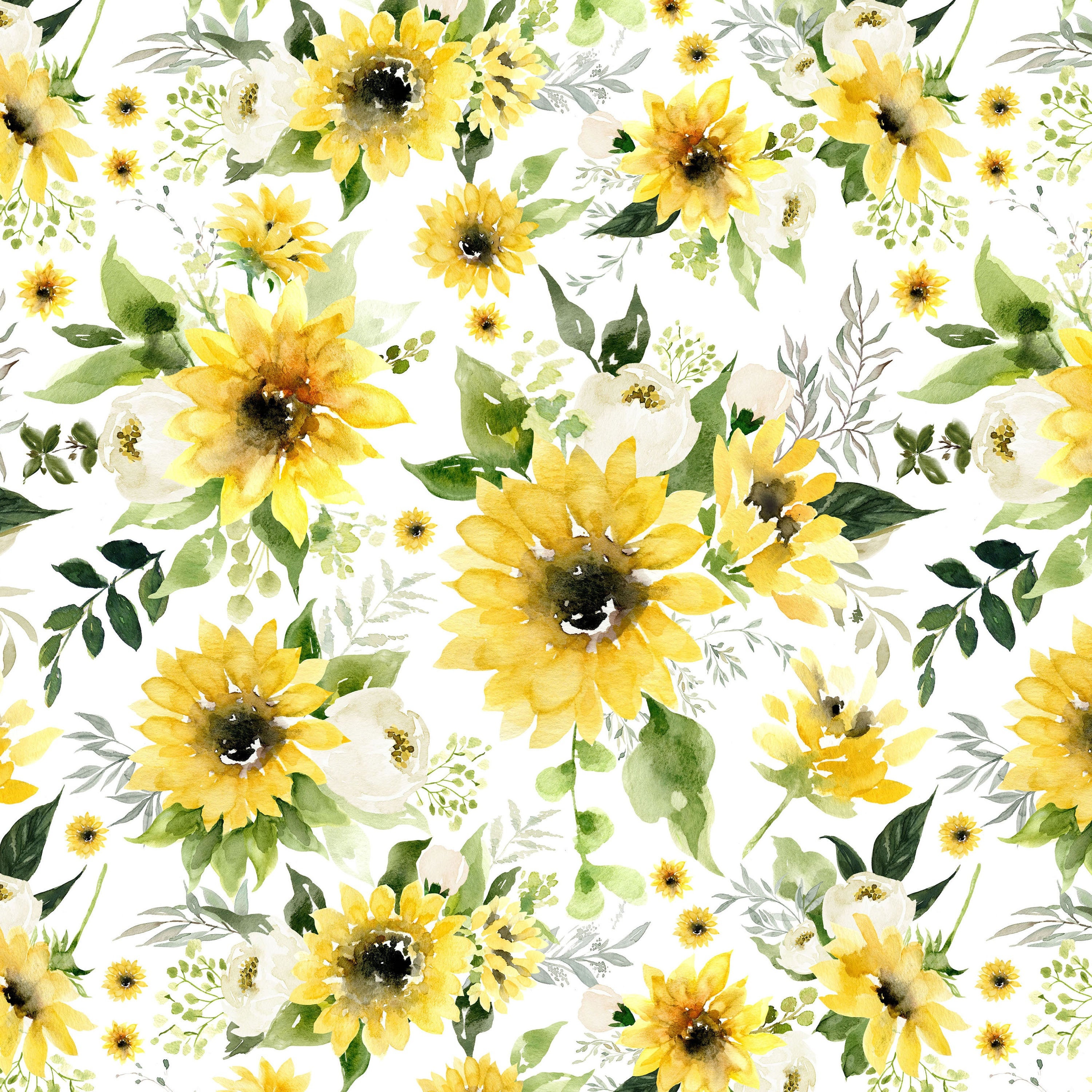 Sunflowers and Roses Fabric by the Yard. Quilting Cotton, Knit, Jersey,  Minky. Sunflower Fabric, Watercolor Floral, Florals, Flowers, Rose 