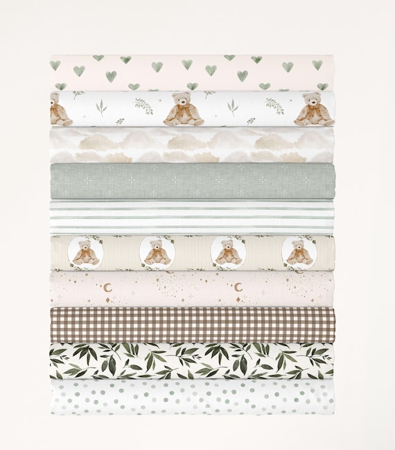 Nursery Fabric Cotton Fat Quarters - 21"W x 18"L. Quilt Cotton in Woodland Teddy Bear Cottage - Soft Sage, Neutral, Browns - Gender Neutral