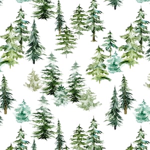May include: A seamless pattern featuring watercolour illustrations of green pine trees on a white background. The trees are various sizes and shapes, creating a whimsical forest scene.