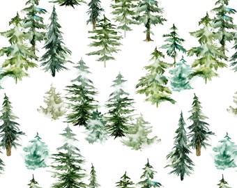 Woodland Trees Fabric Quilting Cotton, Poplin, Organic Knit, Jersey or Minky. Woods, Watercolor Tree, Nursery, In the Wild