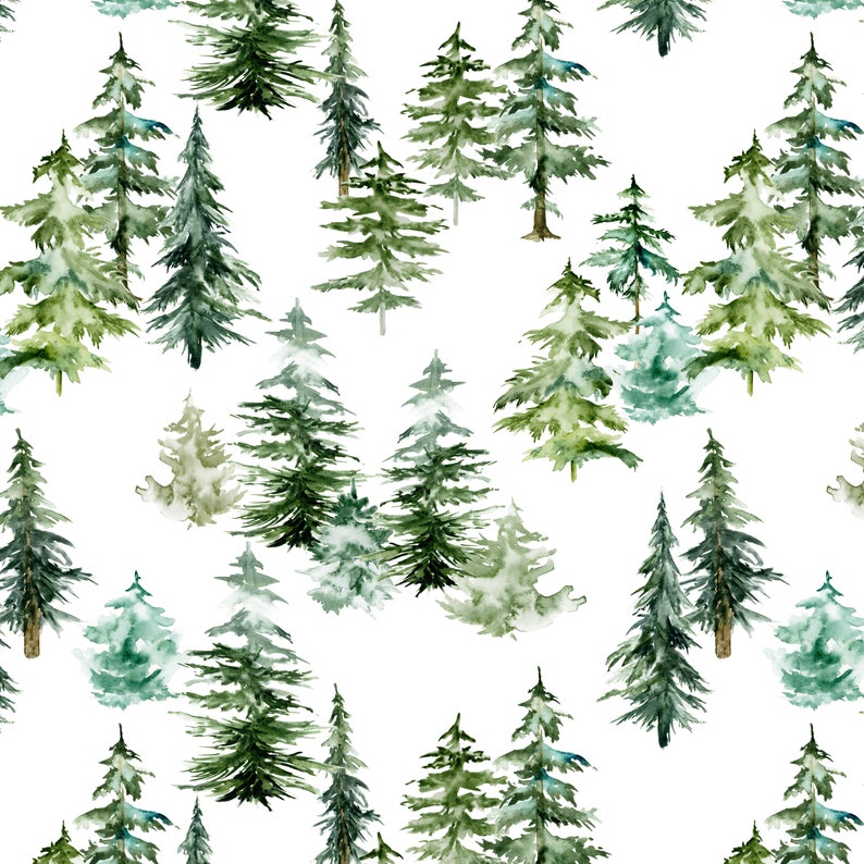 May include: A seamless pattern featuring watercolour illustrations of green pine trees on a white background. The trees are various sizes and shapes, creating a whimsical forest scene.