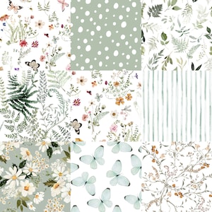 May include: A digital collage of nine different patterns featuring butterflies, flowers, and leaves. The patterns are in shades of green, white, and brown.