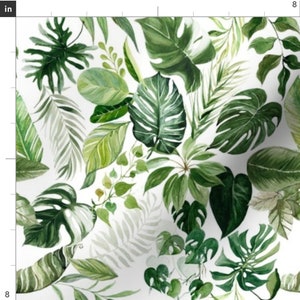 May include: A seamless pattern featuring a variety of green tropical leaves on a white background. The leaves are painted in a watercolor style and include monstera, palm, and fern leaves.