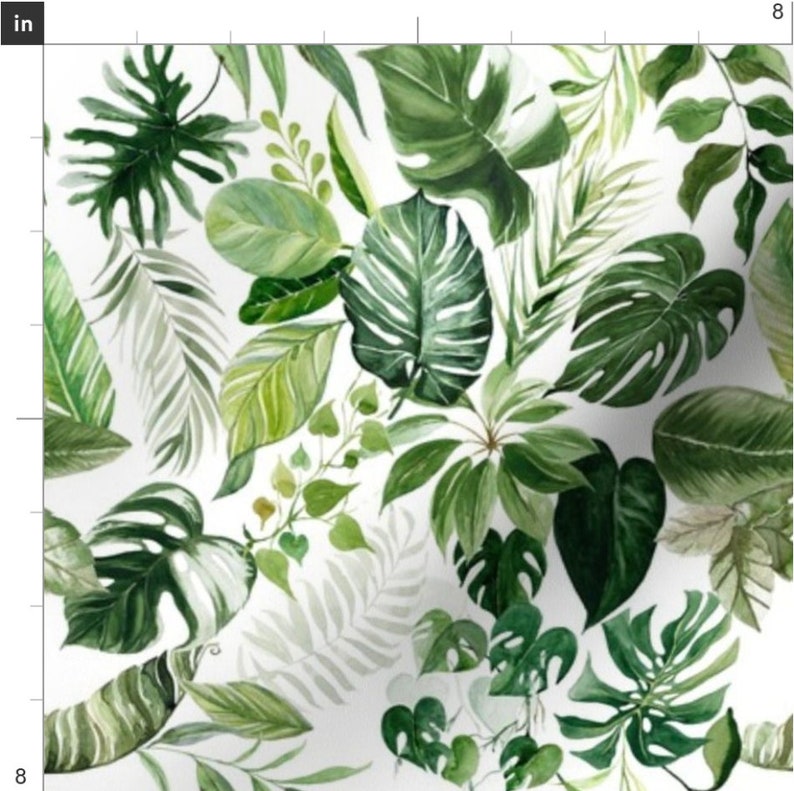 May include: A seamless pattern featuring a variety of green tropical leaves on a white background. The leaves are painted in a watercolor style and include monstera, palm, and fern leaves.