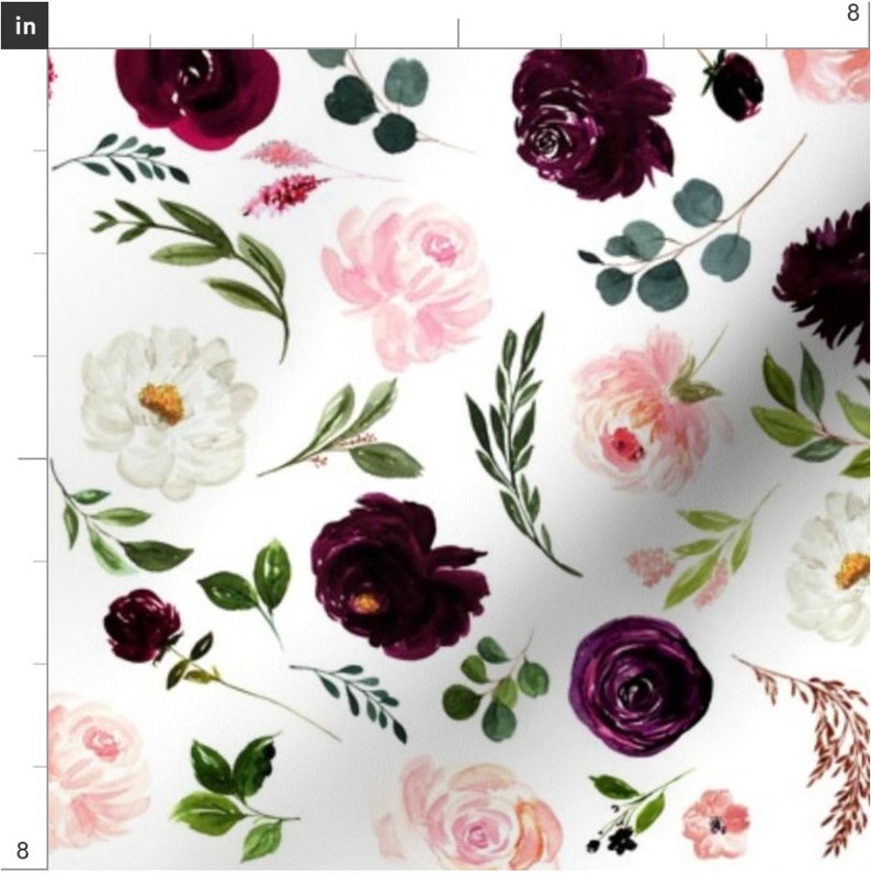 Blush and Burgundy Floral Fabric - Watercolor Fall Florals - Cotton ...