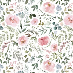 May include: Watercolor floral pattern featuring pink roses, blue hydrangeas, and green foliage on a white background. The design includes various leaf shapes and delicate floral arrangements, creating a soft, romantic aesthetic. The overall theme is a botanical or garden-inspired design.