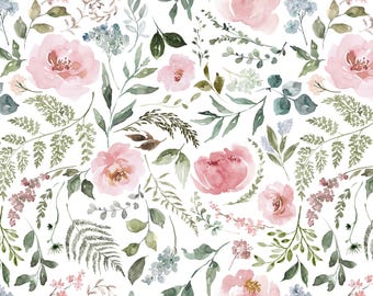 Tela floral de acuarela Heirloom, cortada a medida. Flores en tonos rosa rubor y salvia, ideal para habitación de niña. Algodón acolchado, punto orgánico, Minky.