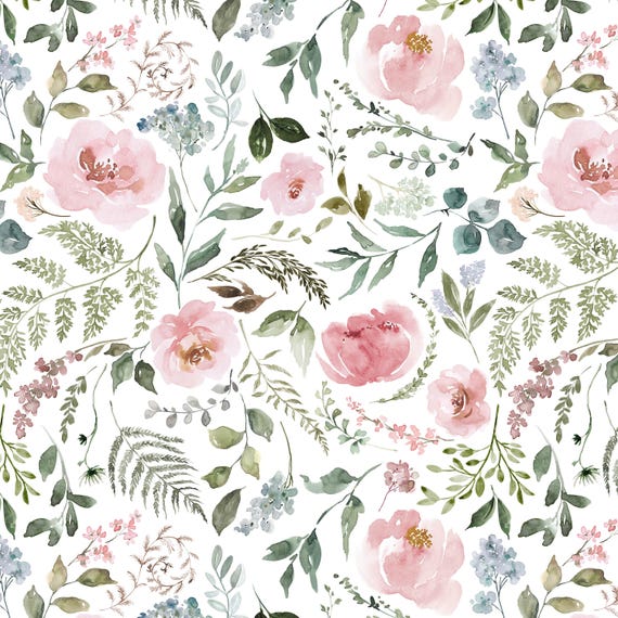 Heirloom Watercolor Floral Fabric by the Yard. Blush and Sage Flowers, Pink, Girl Nursery Fabric. Quilting Cotton, Organic Knit, Minky.