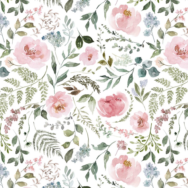 May include: Watercolor floral pattern featuring pink roses, blue hydrangeas, and green foliage on a white background. The design includes various leaf shapes and delicate floral arrangements, creating a soft, romantic aesthetic. The overall theme is a botanical or garden-inspired design.