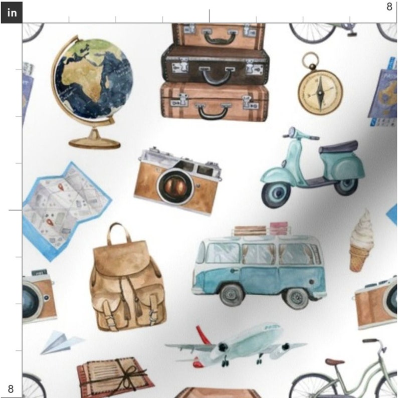 Travel Adventures Fabric by the Yard. Summer Fabric, Road Trip, Airplane. Quilting Cotton, Poplin, Organic Knit, Minky, Home Decor. afbeelding 2