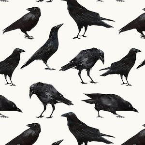 Spooky Black Crows Fabric by the Yard in Cotton, Poplin, Organic Knit, Jersey or Minky. Halloween Fabric, Birds, Watercolor Crows