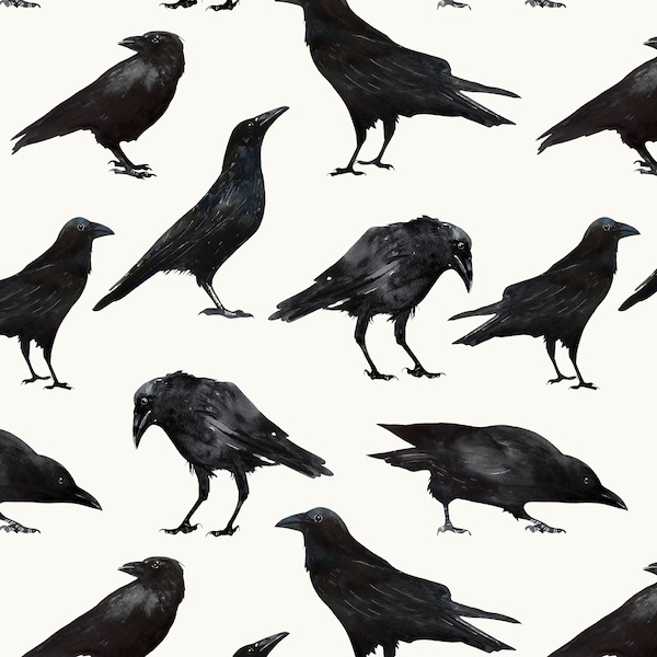 Spooky Black Crows Fabric by the Yard in Cotton, Poplin, Organic Knit, Jersey or Minky. Halloween Fabric, Birds, Watercolor Crows