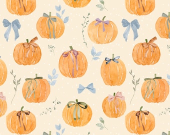 Pumpkins and Bows Fabric by the Yard. Cute Watercolor Halloween, Fall, Girly. Quilting Cotton, Poplin, Organic Knit, Jersey, Minky.