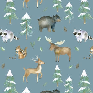 Woodland Animal Fabric - Forest Bear Deer and Moose, Boy Nursery - Cotton, Sateen, Minky, Jersey, Fleece Fabric by the Yard