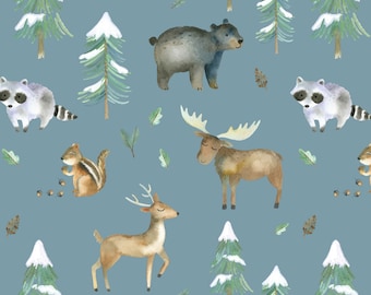 Woodland Animal Fabric - Forest Bear Deer and Moose, Boy Nursery - Cotton, Sateen, Minky, Jersey, Fleece Fabric by the Yard