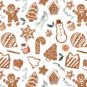 Christmas Gingerbread Cookies Fabric by the Yard, Gender Neutral, Kids, Snowman. Quilting Fabric, Sateen, Knit, Minky, Fleece Fabric