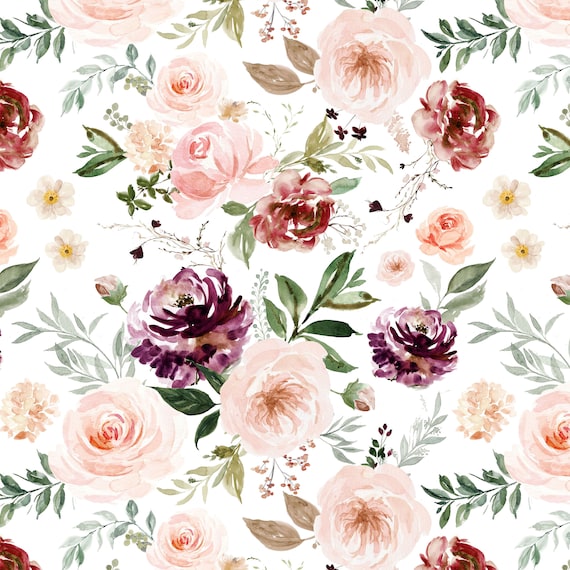Pastel Floral Fabric by the Yard. Quilting Cotton, Organic Knit, Jersey, Minky, Fleece. Girl Nursery Fabric, Pink, Peach, Watercolor Florals