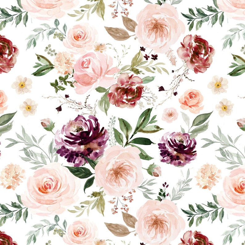 May include: A seamless pattern featuring watercolor illustrations of pink, burgundy, and white flowers with green leaves on a white background.