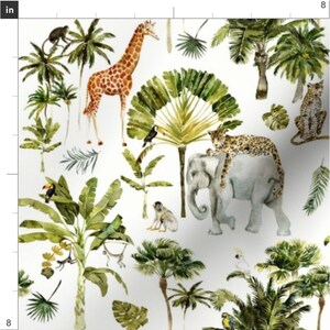 May include: White fabric with a watercolor jungle scene. Features a giraffe, elephant, leopard, monkeys, toucans, and palm trees. The design includes lush green foliage and various animals in a tropical setting.