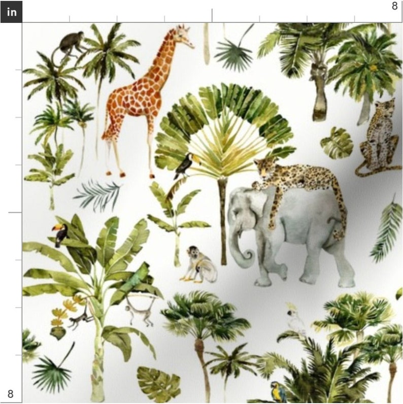 May include: White fabric with a watercolor jungle scene. Features a giraffe, elephant, leopard, monkeys, toucans, and palm trees. The design includes lush green foliage and various animals in a tropical setting.