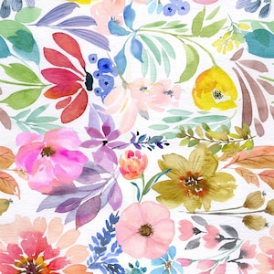 Summer Watercolor Florals Fabric by the Yard. Colorful, Rainbow, Floral Fabric, Flowers, Botanical. Quilting Cotton, Knit, Jersey or Minky.