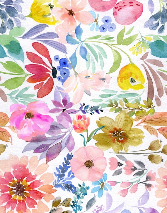 Summer Watercolor Florals Fabric by the Yard. Colorful, Rainbow