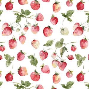 May include: A watercolor pattern featuring red strawberries with green leaves on a white background.