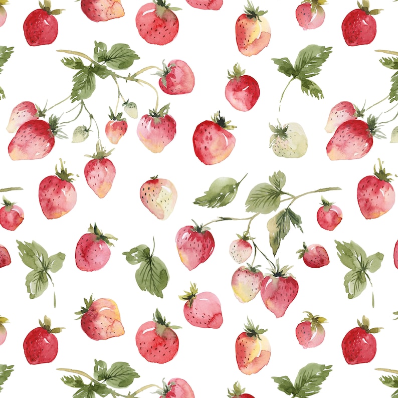 May include: A watercolor pattern featuring red strawberries with green leaves on a white background.