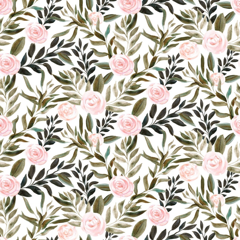 May include: A seamless pattern featuring pink roses and green leaves on a white background. The roses are watercolor painted and have a soft, romantic feel. The leaves are a mix of dark and light green, creating a natural and organic look.