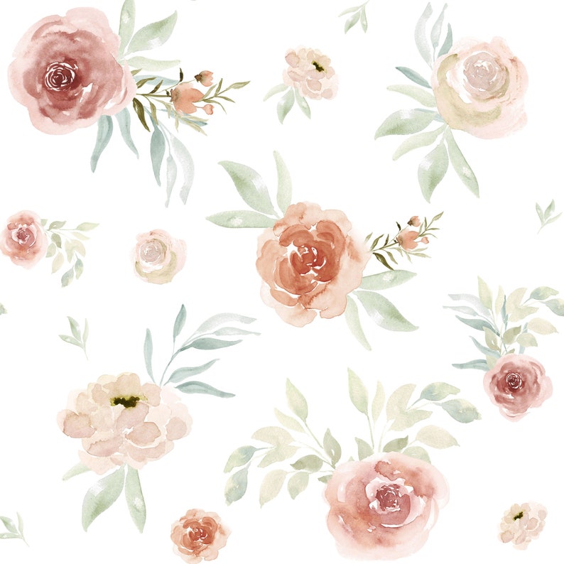 Sun Floral Fabric by the Yard. Watercolor Floral, Coral, Sage, Botanical - Quilting Cotton, Sateen, Poplin, Minky, Home Decor, Upholstery image 1