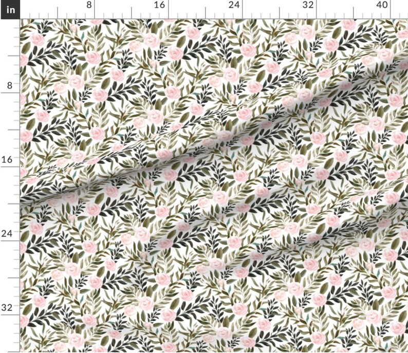 May include: A seamless pattern featuring delicate pink watercolor roses and dark green leaves on a white background.