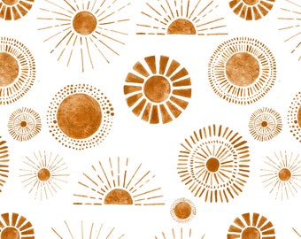 Golden Suns Summer Fabric by the Yard. Quilting Fabric, Organic Knit, Jersey or Minky. Sun, Sunshine, Summer, Watercolor, Bohemian, Nursery