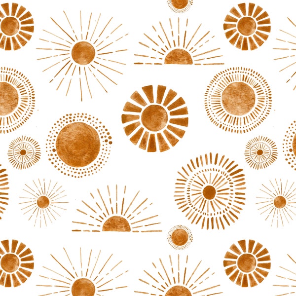 Golden Suns Summer Fabric by the Yard. Quilting Fabric, Organic Knit, Jersey or Minky. Sun, Sunshine, Summer, Watercolor, Bohemian, Nursery