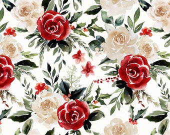 Christmas Floral Fabric - Poinsettia, Rose, Holly, Mistletoe - Quilting Cotton, Sateen, Knit, Minky, Fleece, Home Decor Fabric by the Yard