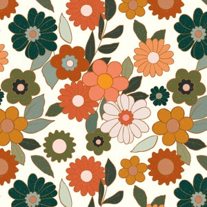Retro Floral Fabric - 1970s Vintage Bold Florals, Boho, Bohemian - Quilting Cotton, Sateen, Minky, Fleece, Upholstery Fabric by the Yard