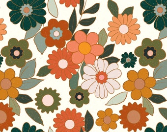 Retro Floral Fabric - 1970s Vintage Bold Florals, Boho, Bohemian - Quilting Cotton, Sateen, Minky, Fleece, Upholstery Fabric by the Yard