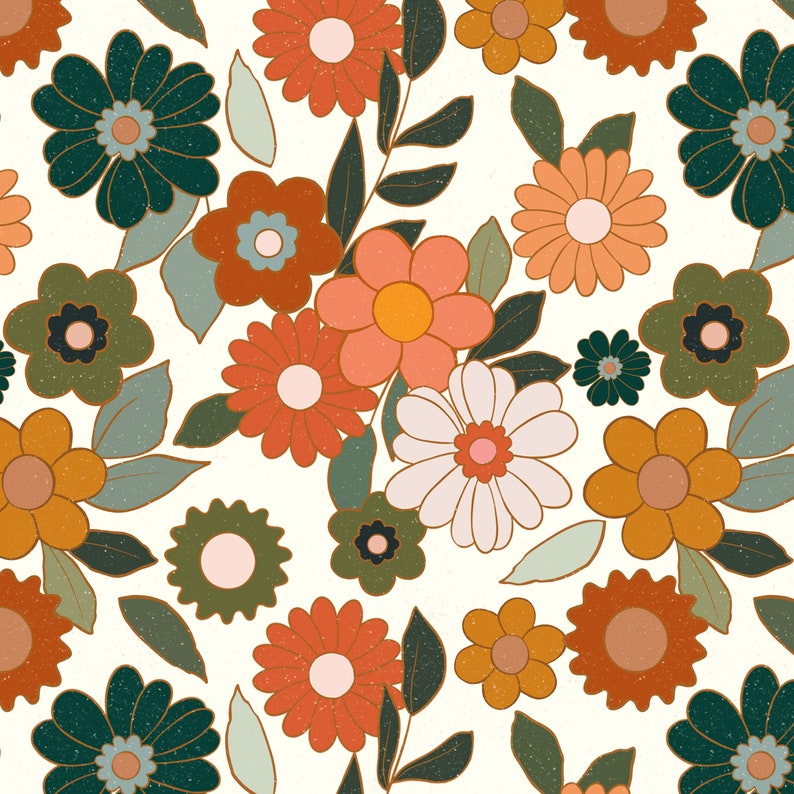 K&ouml;nnte beinhalten: Ein nahtloses Muster mit verschiedenen bunten Blumen in Orange-, Rot-, Gelb-, Gr&uuml;n- und Wei&szlig;t&ouml;nen. Die Blumen sind stilisiert und haben eine Retro-&Auml;sthetik der 70er Jahre.