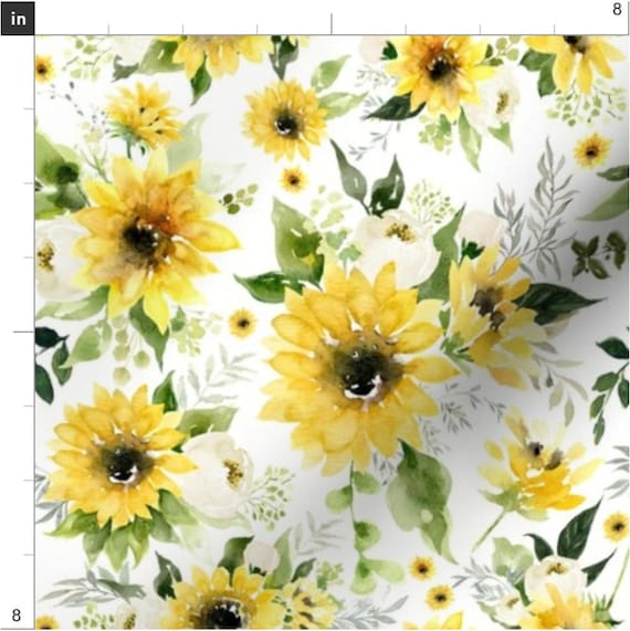 Sunflowers and Roses Fabric by the Yard. Quilting Cotton, Knit, Jersey,  Minky. Sunflower Fabric, Watercolor Floral, Florals, Flowers, Rose 