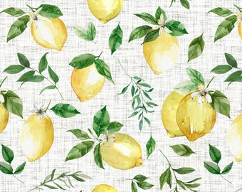 Botanical Lemon Fabric by the Yard - Watercolor Lemons and Leaves, Summer - Quilting Cotton, Sateen, Poplin, Organic Knit, Home Decor