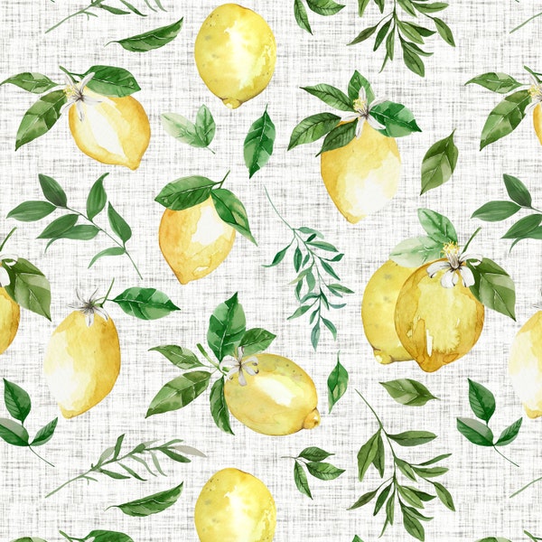 Botanical Lemon Fabric by the Yard - Watercolor Lemons and Leaves, Summer - Quilting Cotton, Sateen, Poplin, Organic Knit, Home Decor