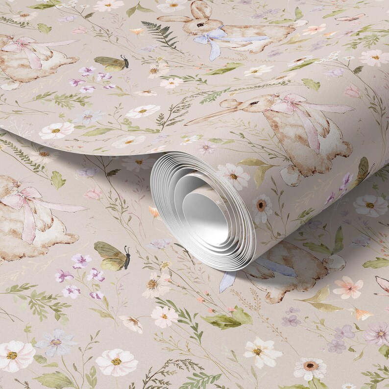 Bunny and Bloom Wallpaper, Cottagecore Wildflowers and Bunnies - Peel ...