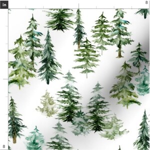 May include: A seamless pattern featuring watercolour illustrations of green pine trees on a white background.